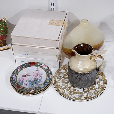 Four Bradex hummingbird Treasury Display Plates, Modern Art Glass Vase, Mosaic Shell Inlay Plate and Retro Pottery Jug