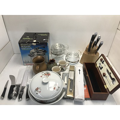 Two Pyrex Coffee Percolators, Group of Knives including Victorinox and Stanley Rogers and Assorted Homewares