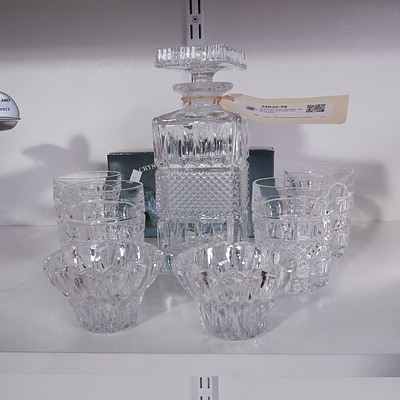 Bohemian Glass Whiskey Set and a Pair of Crystal Candle Holders