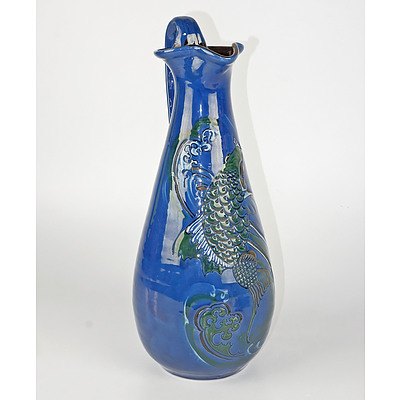 English Arts and Crafts CH Brannam Barnstaple Glazed Large Terracotta Jug Decorated with Koi