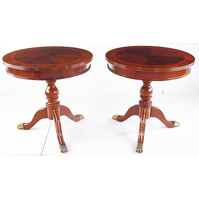 A Good Pair of Antique Style Occasional Tables with Pedestal Bases and Brass Claw Feet - the Tops Inlaid with Various Timbers