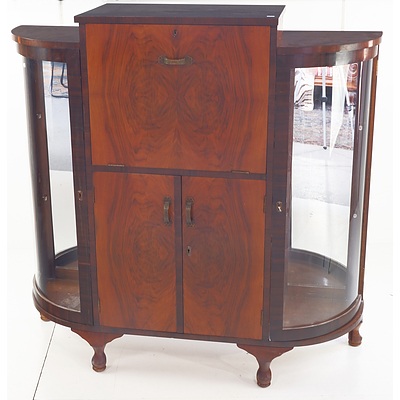 Art Deco Bow Fronted Bar Cabinet in Walnut Veneer with Mirrored Liquor Cabinet Under Lift Up Top