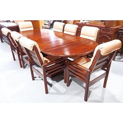 Circa 1980s Garry Masters Solid Timber Extension Dining Table with Eight Beige Leather Upholstered Chairs