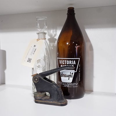 Darwin Stubbie Bottle, Huon Club Port Decanter, Antique Cast Iron Hole Punch (3)