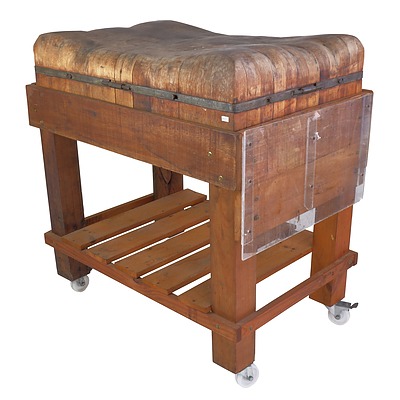 Large Antique Butcher's Chopping Block with Wrought Iron Binding on Later Custom Made Mobile Stand