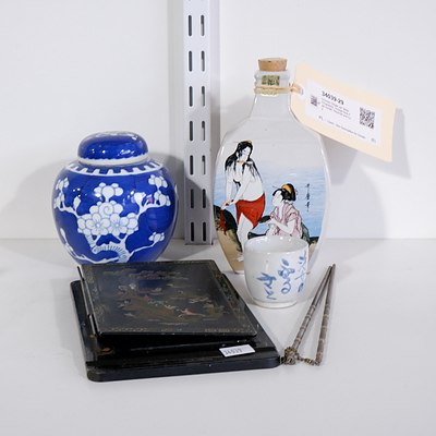 Chinese Ginger Jar, Metal Chopsticks, Vintage Note Pad Holder, Decanter and Cup