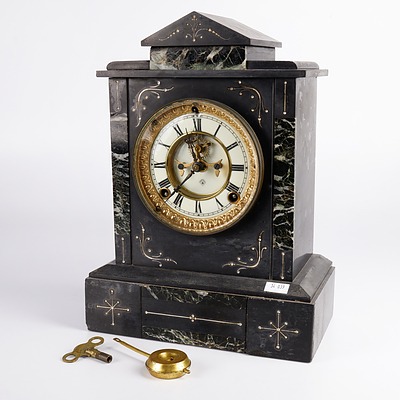Ansonia Black Slate and Verde Marble Inlaid Mantle Clock Exposed Escapement, Late 19th Century