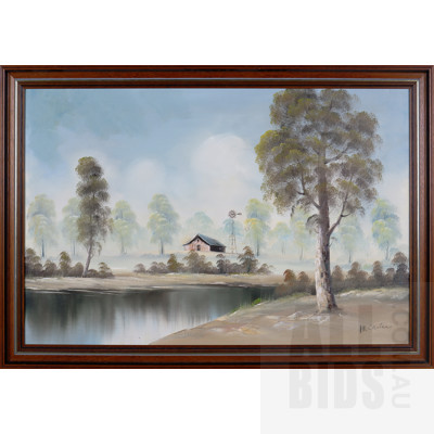 M Carter, Hut on River, Oil on Board, Signed Lower Right