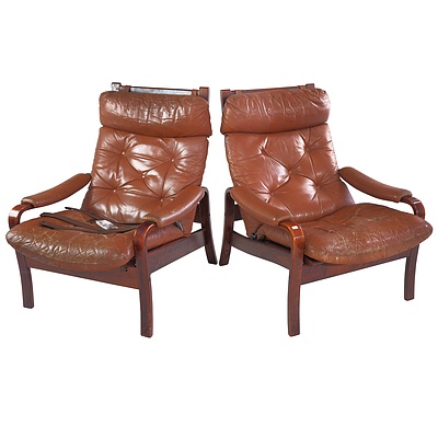 Pair of Mid Century 'Fagas' by J. M. Birking Denmark Leather Reclining Armchairs