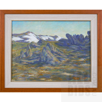 Eden Scott, Snow on Mountains, Oil on Board, Signed Lower Right