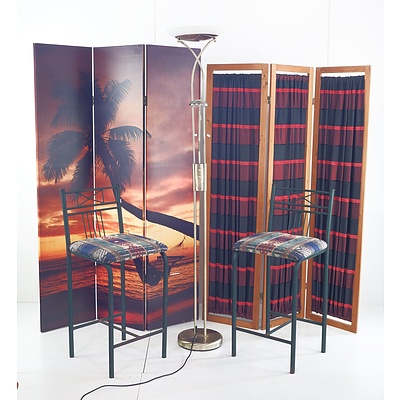 Timber Framed 3 Panel Screen, Canvas Screen, Two Metal Stools and a Modern Floor lamp
