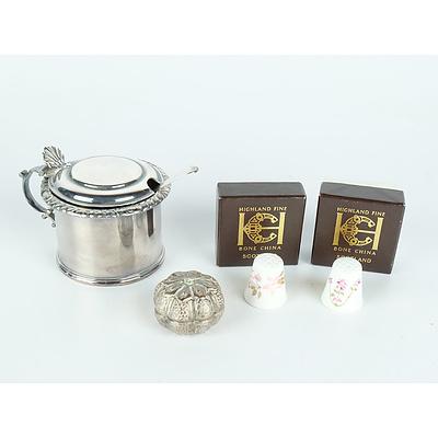 Silver Plated Sugar Pot, Georgian Sterling Silver Sugar Spoon, Pumpkin Form Box and Two Scottish Ceramic Thimbles