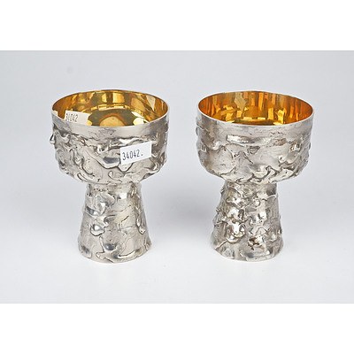 Pair of Ernst Fries Silver and Nickel Alloy Wine Goblets with Gilt Interior
