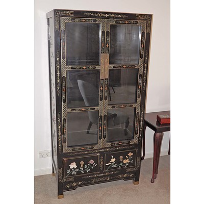 Chinese Black Lacquer and Hardstone Embellished Display Cabinet, 20th Century