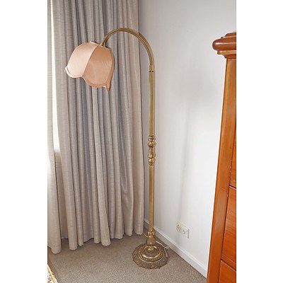Vintage Brass Gooseneck Floor Lamp with Silk Shade