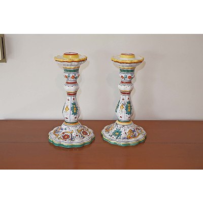 Pair of Italian Maiolica Glaze Candlesticks, Deruta 20th Century