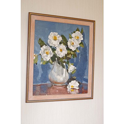 Lesley Marshall Framed Oil Still Life with Camellias