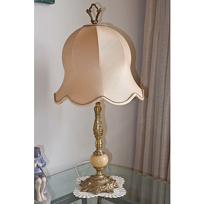 Vintage Brass and Alabaster Table Lamp with Silk Shade