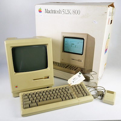 Vintage Apple Macintosh 512K/800 Computer with Original Mouse, Keyboard and Box