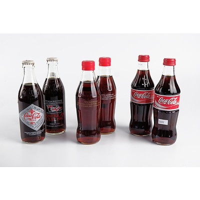 Two Coca Cola Americas Cup 1987 Bottles, Harbour Fun 2001 Bottle and Two 330 ml Bottles with Contents