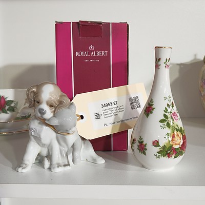 Lladro Utopia Dog & Cat Figurine (11cm) and a Royal Albert 'Old Country Roses' Bud Vase (15cm)