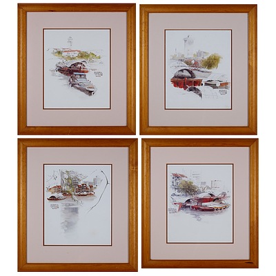 Four Reproduction Prints of Wan Soon Kam's Watercolours of the Singapore River