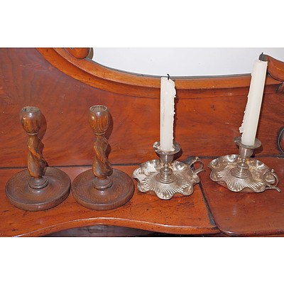 Pair of Oak Candlesticks Together with a Pair of EP Chambersticks