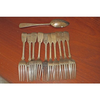 Ten Various Hallmarked Sterling Silver Table Forks and a Dutch Silver Table Spoon, 19th Century , 831g