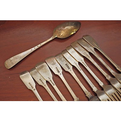 Ten Various Hallmarked Sterling Silver Table Forks and a Dutch Silver Table Spoon, 19th Century , 831g
