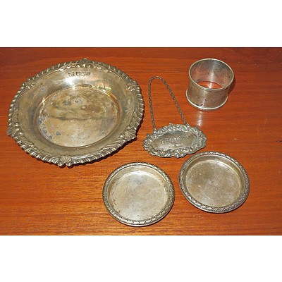 Five Various English Sterling Silver Items, Including Decanter Label, 186g
