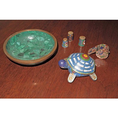 Malachite Composite Bowl and Various Cloisonne Enamel Items, Including Whistle