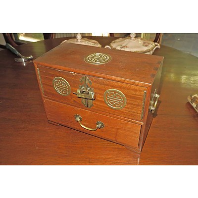 Chinese Rosewood Jewellery Chest with Contents and Lock and Key