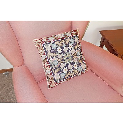 Two Vintage Pink Fabric Upholstered Lounge Chairs with Crewel Work Cushions