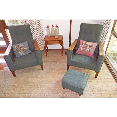 Pair of 1950s Armchairs with Footstool