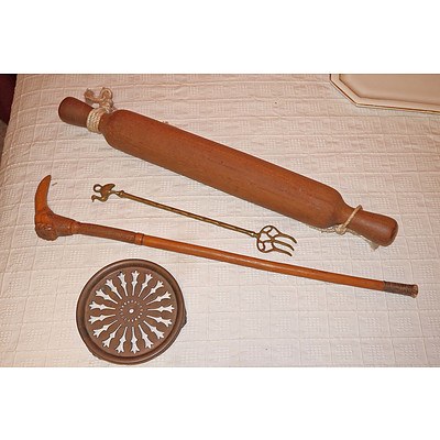 Early Rolling Pin, Walking Stick, Trivet and Roasting Fork