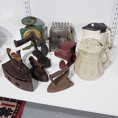 Three Early Flat Irons, Two Cast Iron Shoe lasts, Two Porcelain Electric Jugs and M.P. No 111 Kitchen Scales