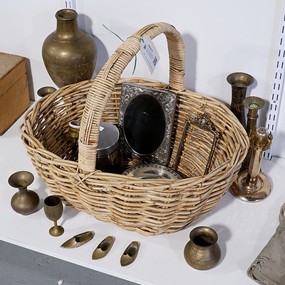 Group of Assorted Brass Vases and Collectibles and a Handled Cane Basket