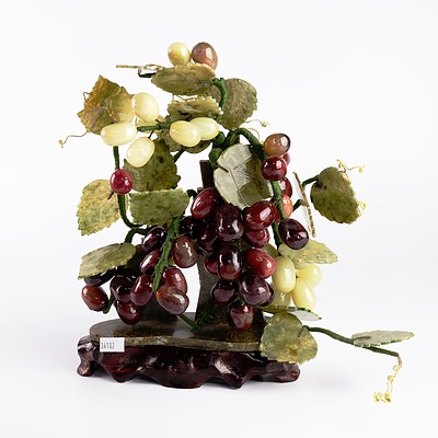 Chinese Hardstone Grape Cluster on Wooden Stand