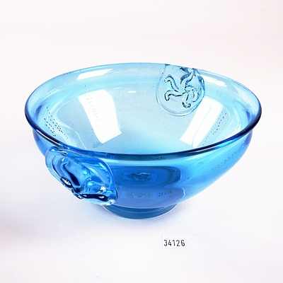 M. Caslake Art Glass Bowl with Etched Fish Motif