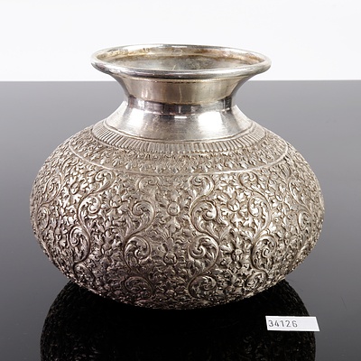 Asian Profusely Repousse and Engraved .900 Silver Bulbus Vase