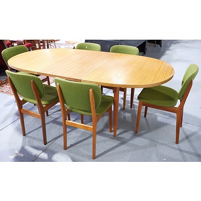 Retro Butterfly Extension Dining Table with Six Green Fabric Upholstered Chairs