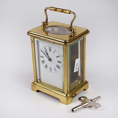 Vintage Brass and Glass Carriage Clock with French Movement and Key