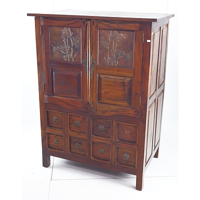 Reproduction Glasgow School Arts and Crafts Style Storage Cabinet with Eight Drawers and Decorative Copper Panels to Doors, Late 20th Century