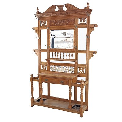 Edwardian Style Hall Stand with Carved Decoration and Beveled Mirror