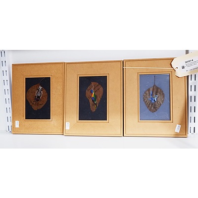 Set of Three Framed Original Paintings on Gum Leaves - Frames 23 x 19 cm