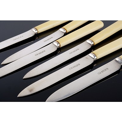 Set of Six Sterling Silver fish Knives with Bone Handles - Hallmarked Sheffield 1946