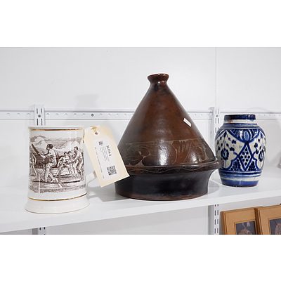 Pottery Tagine, Franklin Mint 'the Ashes Centenary' Tankard and a Delft Style Vase (3)