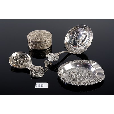 Small Repousse Silver Pill Box, Silver Dutch Style Ashtray and Two Small Silver Spoons