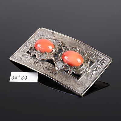 Decorative Chinese Silver Plated Brass and Coloured Glass Brooch with Peony Border