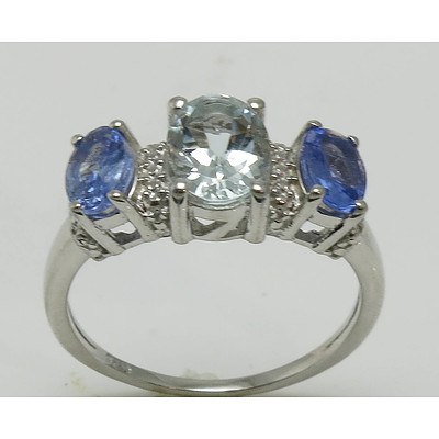 Sterling Silver Aquamarine, Tanzanite & Diamond Ring